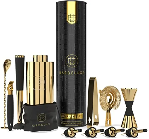 BarDeluxe Kit Barman 11 Pezzi Shaker 750 ml Oro Professionale