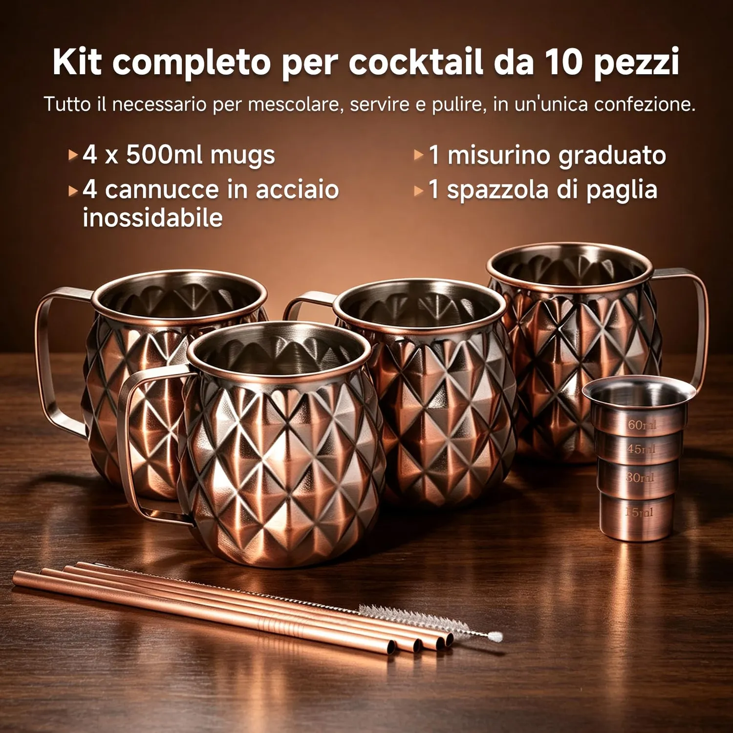 Sky Fish Ananas set 4 tazze Moscow Mule 500 ml rame antico