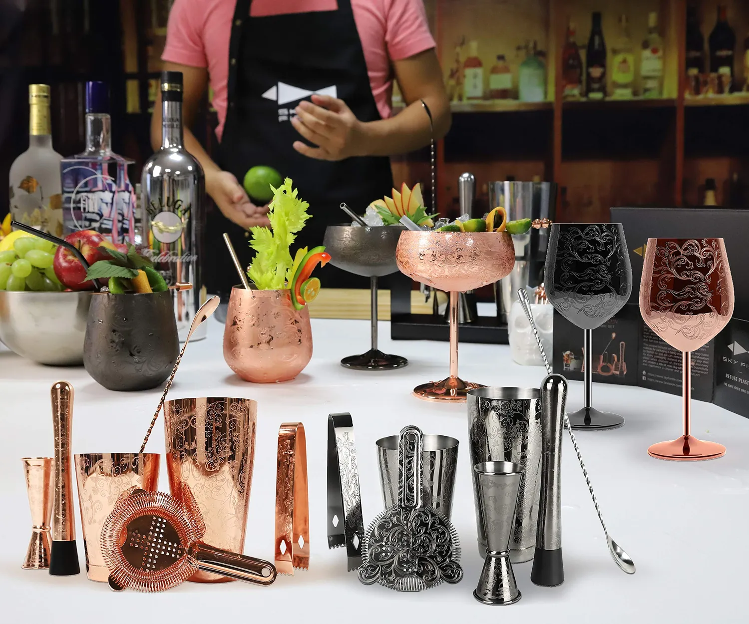 Sky Fish Boston Shaker Set Cocktail 7 Pezzi Nero Inciso Inox