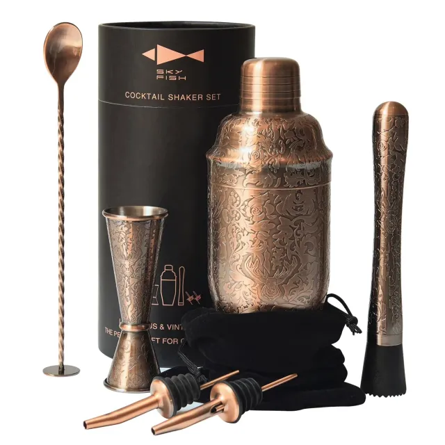 Sky Fish Set Shaker Cocktail 6 Pezzi Rame Anticato 3D