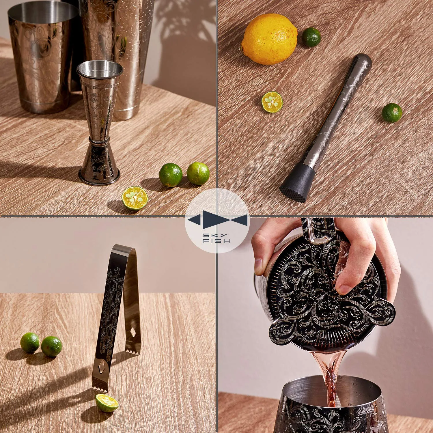 Sky Fish Boston Shaker Set Cocktail 7 Pezzi Nero Inciso Inox