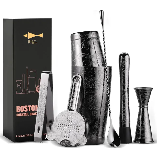 Sky Fish Boston Shaker Set Barman 7 Pezzi Nero Acciaio Inciso