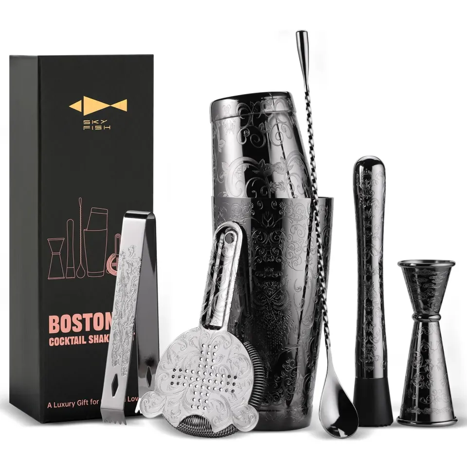 Sky Fish Boston Shaker Set Barman 7 Pezzi Nero Acciaio Inciso