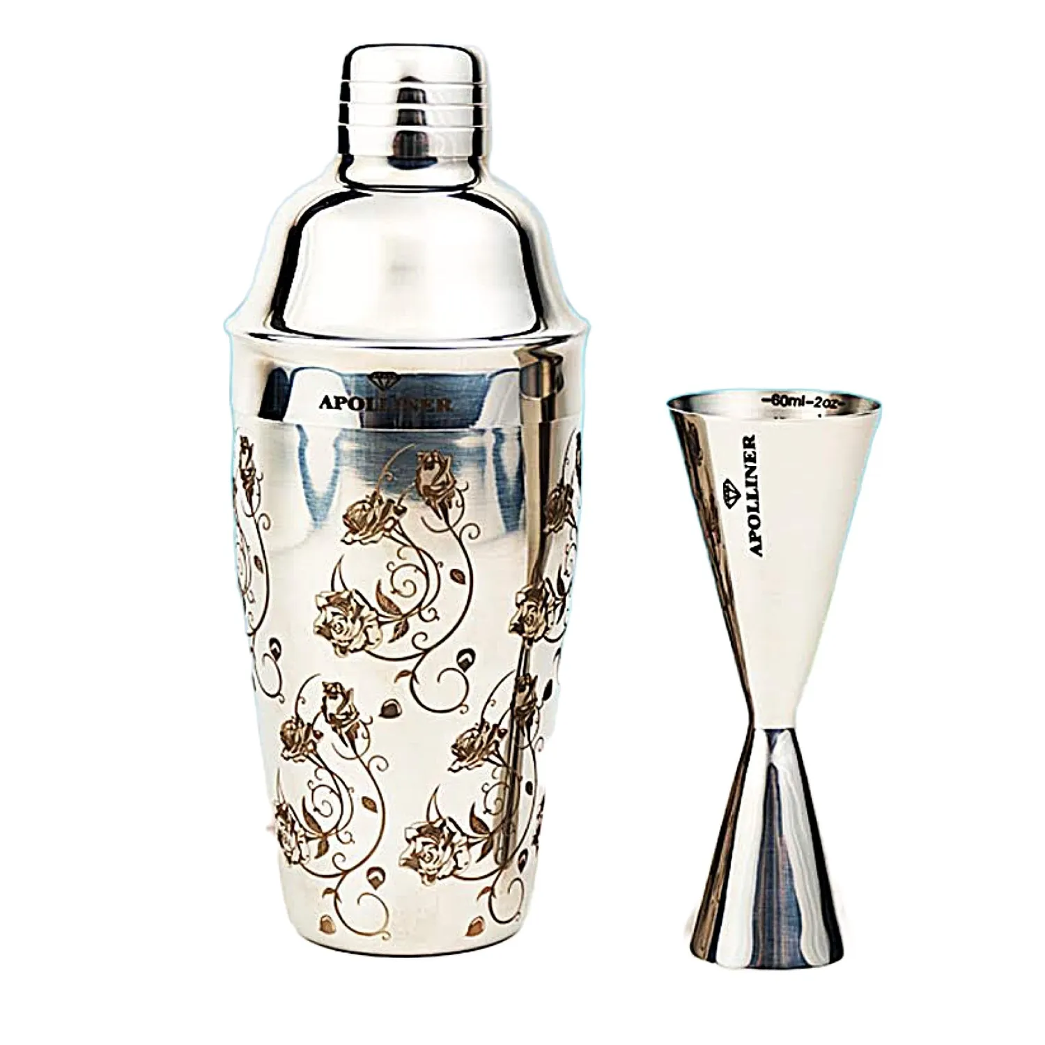 APOLLINER shaker cocktail cobbler 4 pezzi floreale acciaio inox