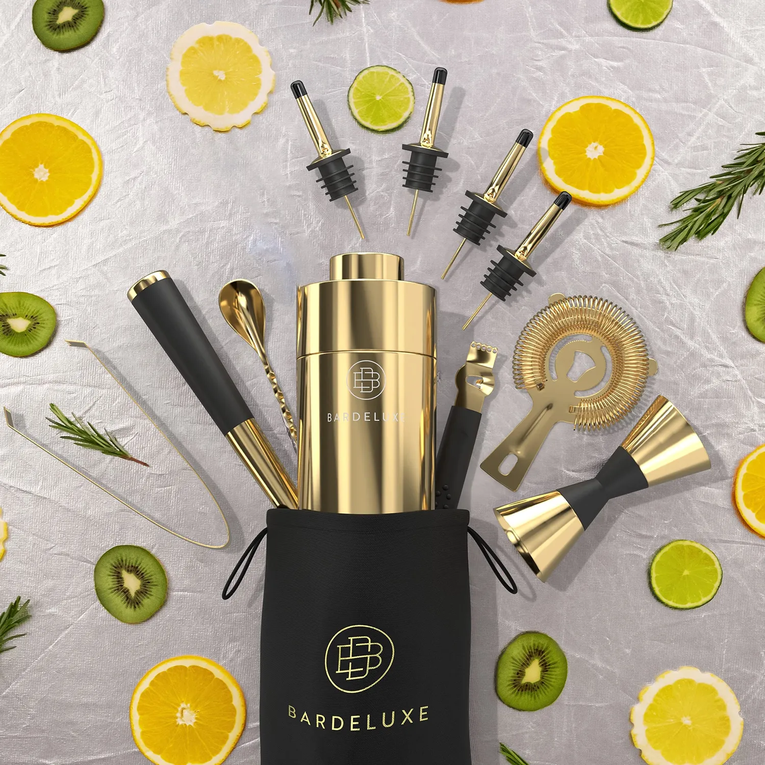 BarDeluxe Kit Barman 11 Pezzi Shaker 750 ml Oro Professionale