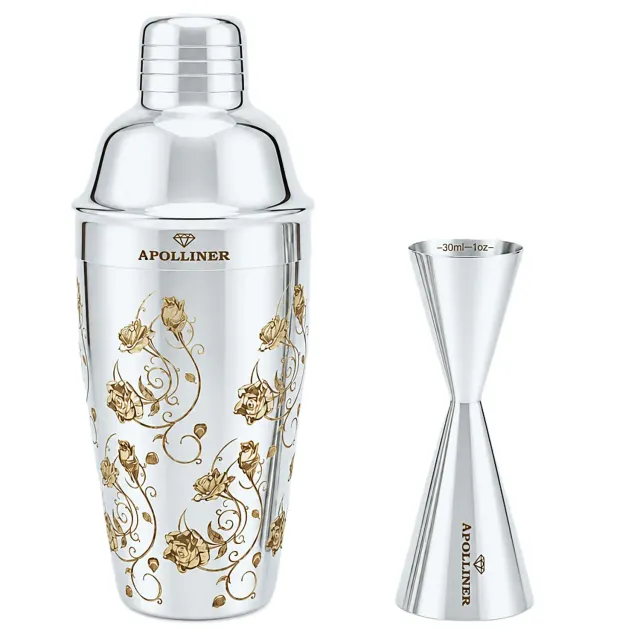 APOLLINER shaker cocktail cobbler 4 pezzi floreale acciaio inox