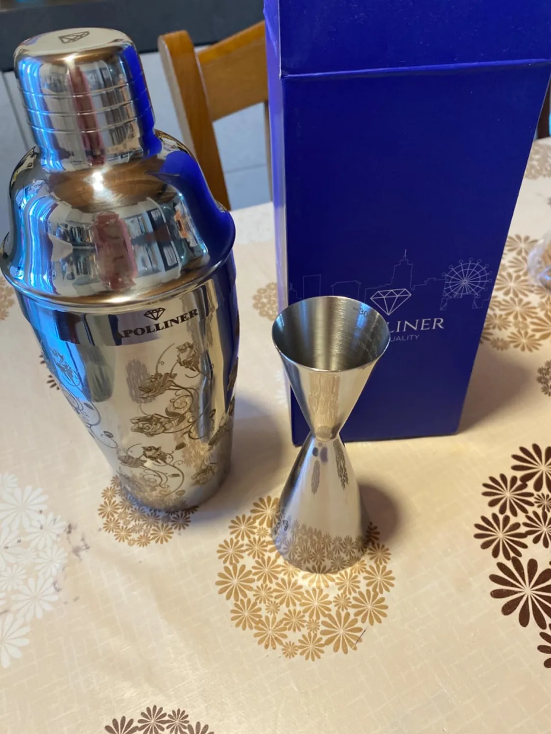 APOLLINER shaker cocktail cobbler 4 pezzi floreale acciaio inox