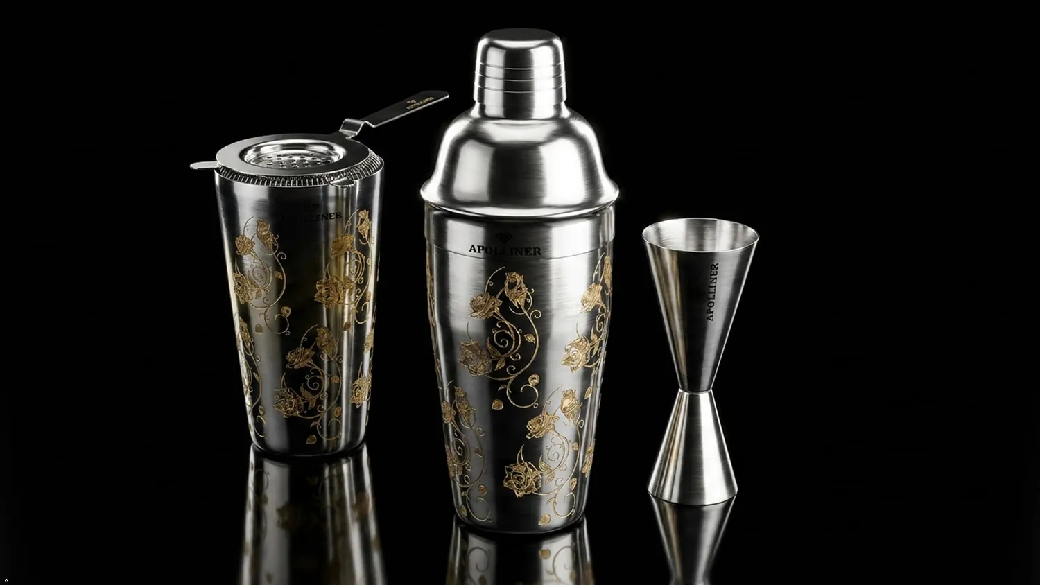 APOLLINER shaker cocktail cobbler 4 pezzi floreale acciaio inox