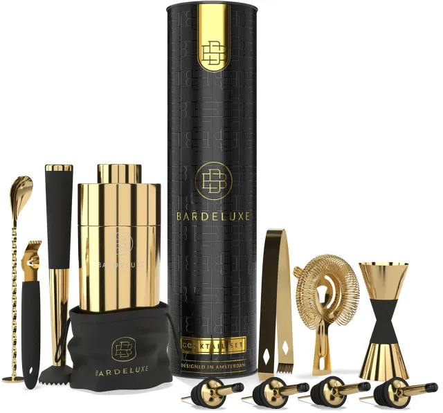 BarDeluxe Kit Barman 11 Pezzi Shaker 750 ml Oro Professionale