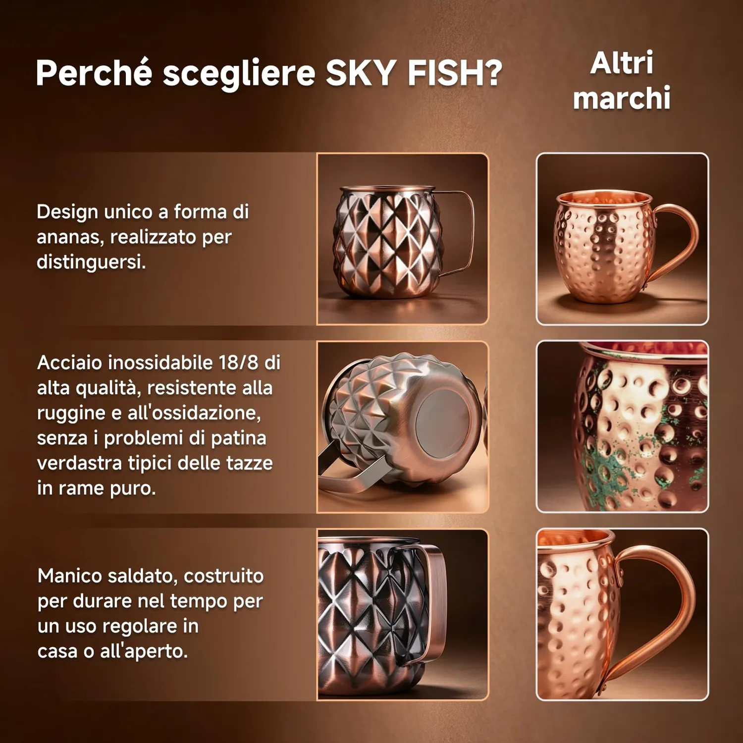 Sky Fish Ananas set 4 tazze Moscow Mule 500 ml rame antico