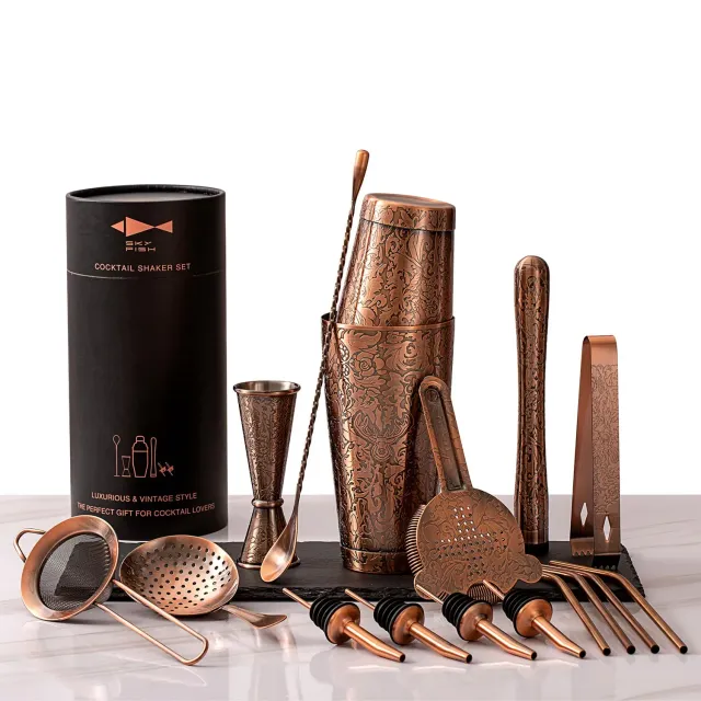 Sky Fish Boston Shaker Set Cocktail 18 Pezzi Oro Rosa Rilievo 3D