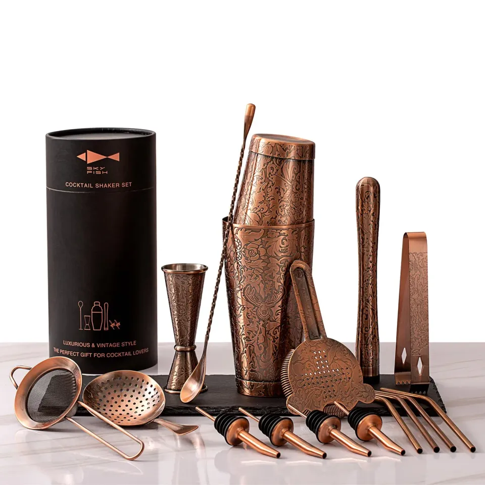 Sky Fish Boston Shaker Set Cocktail 18 Pezzi Oro Rosa Rilievo 3D