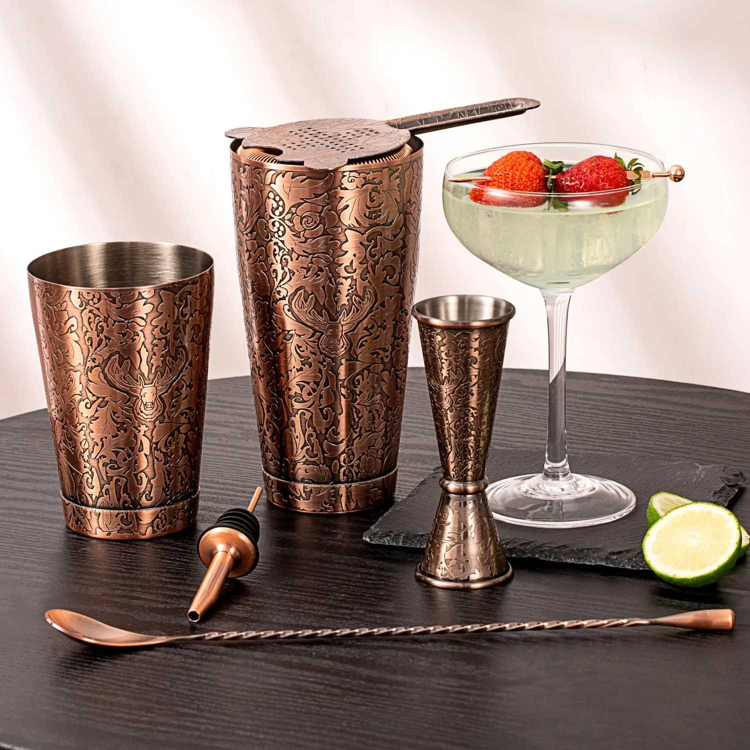 Sky Fish Boston Shaker Set Cocktail 18 Pezzi Oro Rosa Rilievo 3D