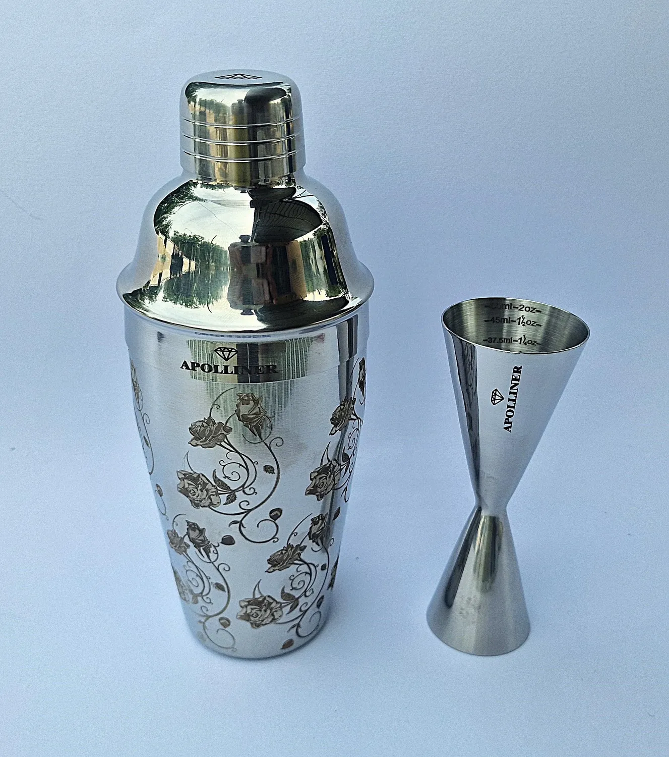 APOLLINER shaker cocktail cobbler 4 pezzi floreale acciaio inox