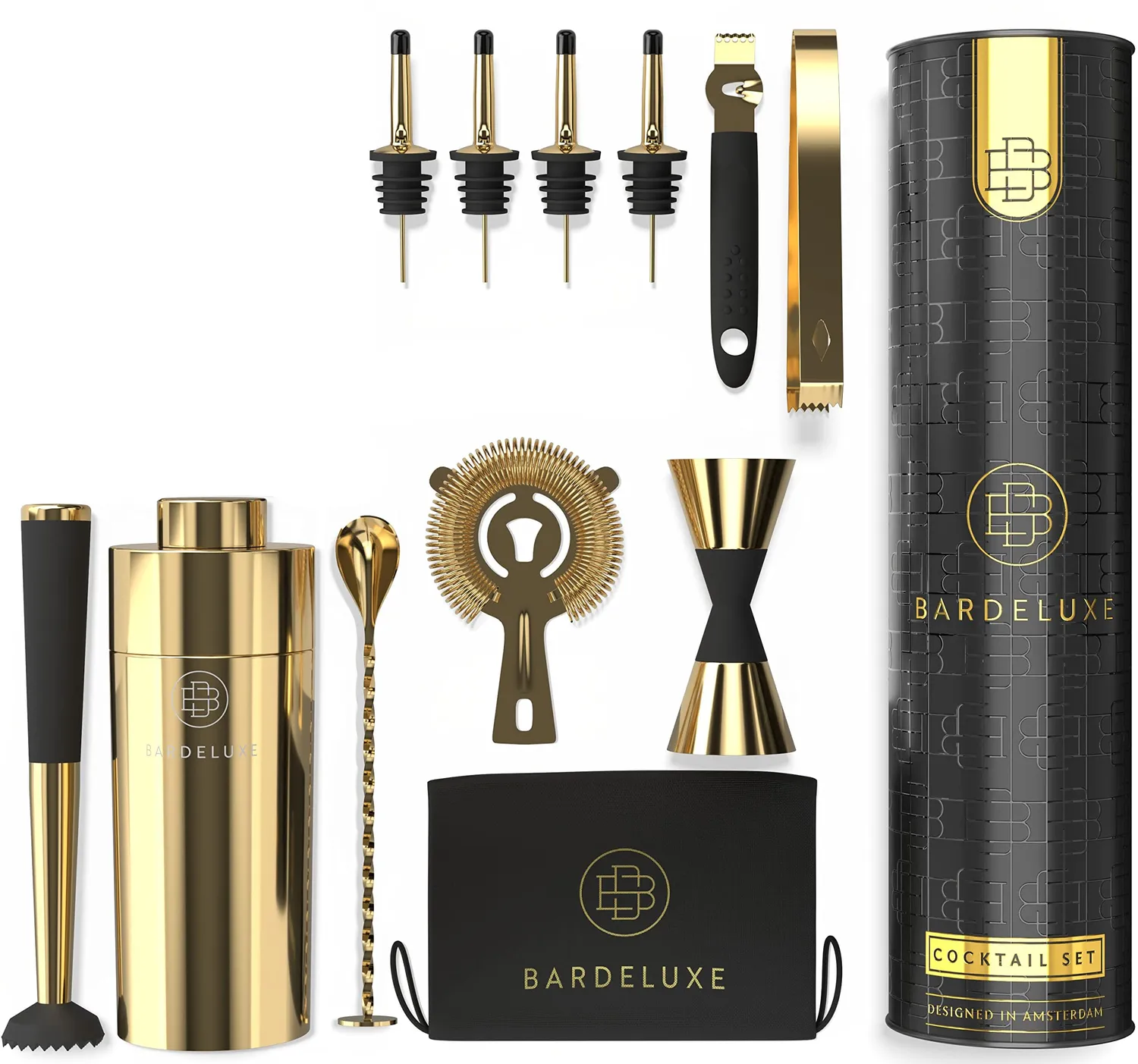 BarDeluxe Kit Barman 11 Pezzi Shaker 750 ml Oro Professionale