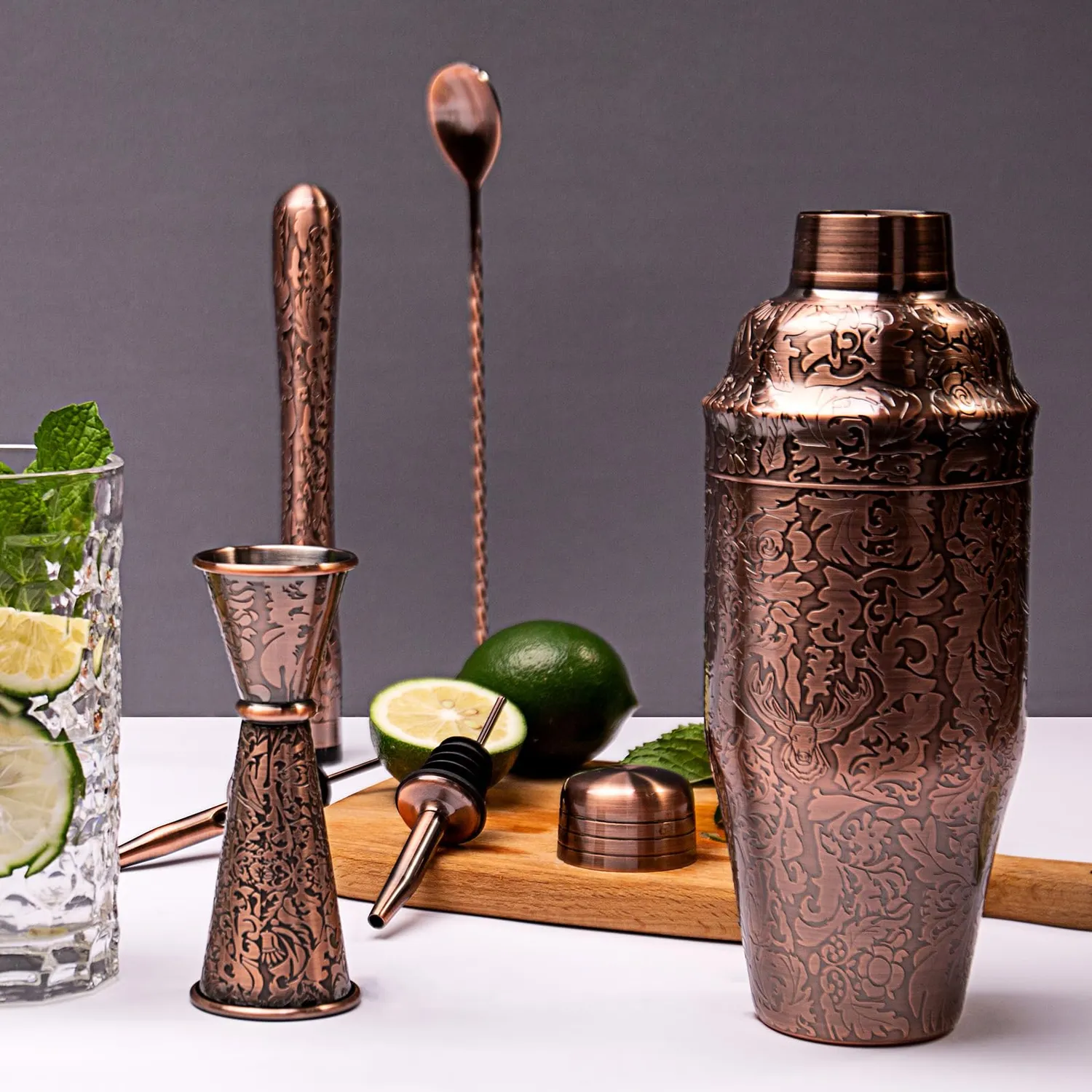 Sky Fish Set Shaker Cocktail 6 Pezzi Rame Anticato 3D