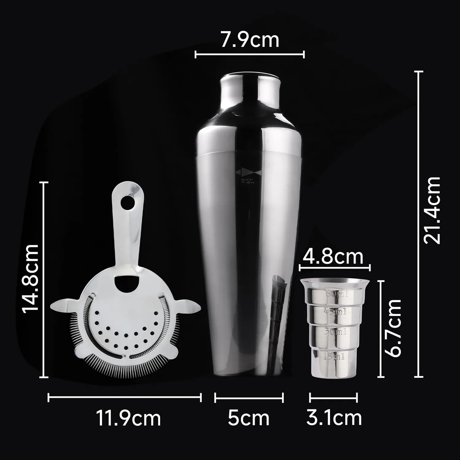 Sky Fish Parisian Shaker Cocktail 500 ml Argento con Jigger