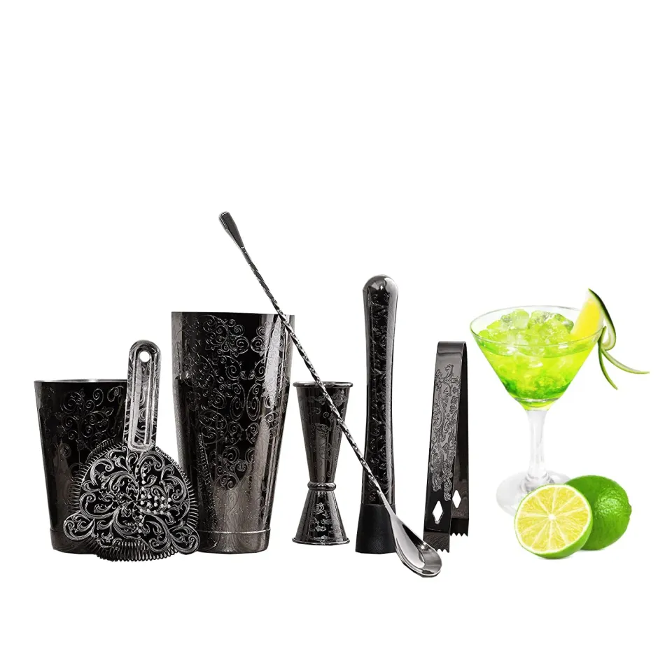 Sky Fish Boston Shaker Set Cocktail 7 Pezzi Nero Inciso Inox