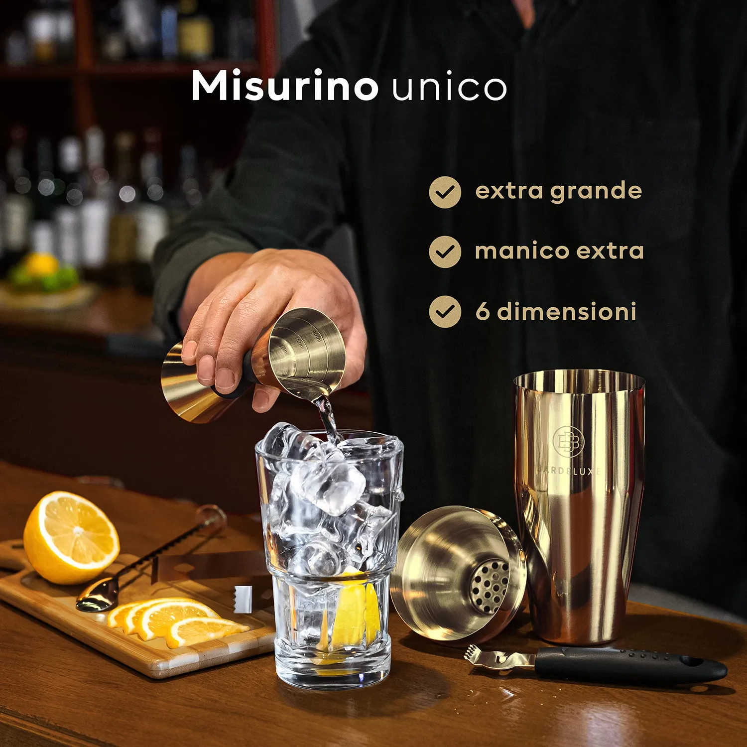 BarDeluxe Kit Barman 11 Pezzi Shaker 750 ml Oro Professionale