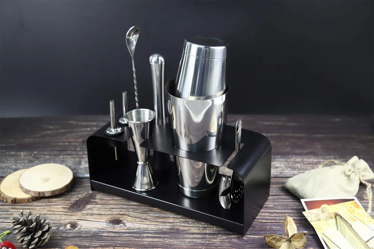 Sky Fish Boston Shaker Set Cocktail 8 Pezzi Nero Acciaio Inox